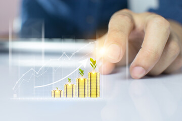 Business People Clicking wireless digital mouse are using Stock chart innovative technology. Mixed media, digital and online concept.