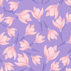 Fototapeta na wymiar Seamless doodle pattern with pink crocus flower simple ornament. Pastel purple background. Floral backdrop.