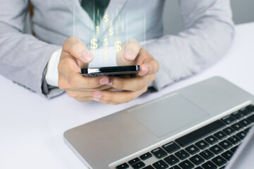 Business people are using Stock chart innovative technology. Mixed media, digital smartphone and online concept.