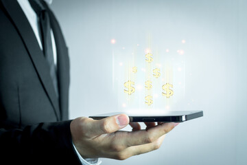 Business people are using Stock chart innovative technology. Mixed media, digital smartphone and online concept.