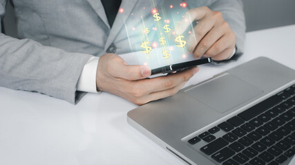 Business people are using Stock chart innovative technology. Mixed media, digital smartphone and online concept.