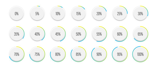 Set of circle percentage diagrams meters from 0 to 100 ready-to-use for web design, user interface UI or infographic with 3D concept - indicator with gradient from cyan blue to yellow