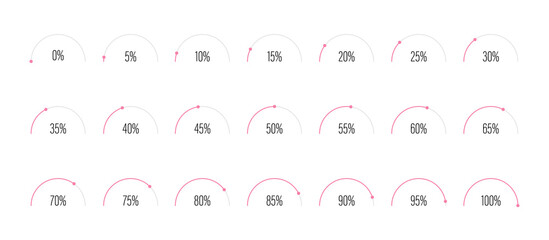 Set of semicircle arc percentage diagrams progress bar meters from 0 to 100 ready-to-use for web design, user interface UI or infographic - indicator with pink