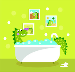vector image of a dinosaur bathing in a bath