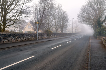 Fototapeta na wymiar Asphalt road in town in fog. Dangerous conditions concept. Mist covers street. Cool tone. Nobody. Surreal feel