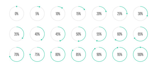 Set of circle percentage diagrams meters from 0 to 100 ready-to-use for web design, user interface UI or infographic - indicator with green