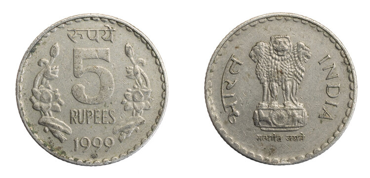 India five rupees coin on a white isolated background