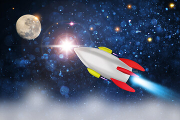 Space shuttle launch in the open space over the Earth. Ocean and sky under spaceship concept of business. . 3d rendering