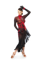 Beautiful young latino dancer woman in an amazing and shiny dress.