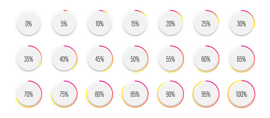 Set of circle percentage diagrams meters from 0 to 100 ready-to-use for web design, user interface UI or infographic with 3D concept - indicator with gradient from magenta hot pink to yellow