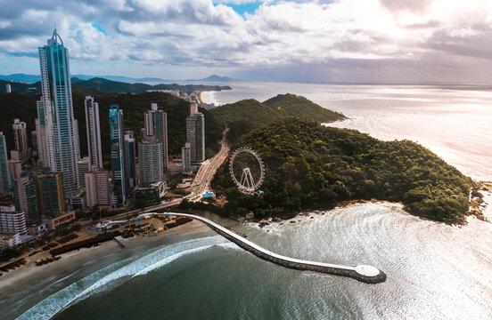 aerial image with drone morning of the city of Balne&aacute;rio Cambori&uacute; with the Ferris Wheel Santa Catarina Brazil