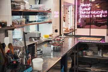 Cozy kitchen with neon lighting is perfect creative space