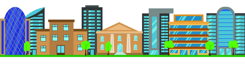 Panoramic view of city buildings isolated on white flat vector design