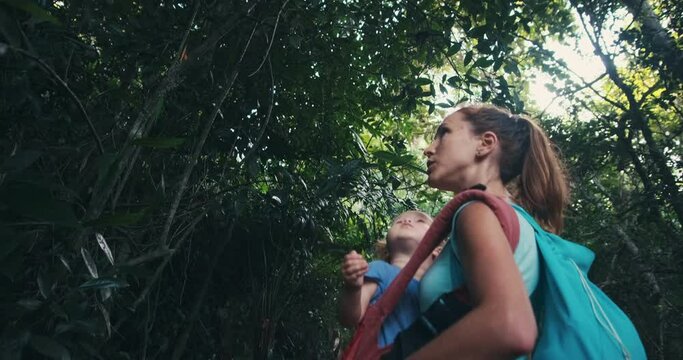 Family hiking. Mother hikes and explores the tropical forest with toddler girl. Young woman hiker carries her baby in wrap sling in the forest