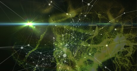 Composition of green glowing light over multiple green electric light trails