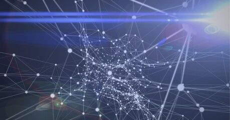 Composition of network of connections with white spots over blue glowing light