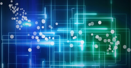 Composition of multiple white spots over network of blue and green light trails