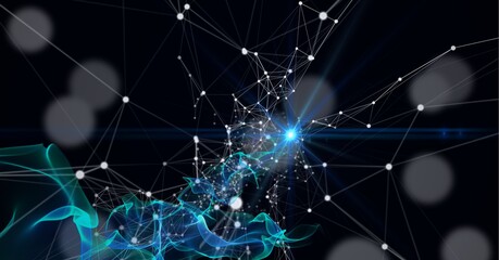 Composition of multiple grey spots of light over network of connections with light trails