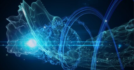 Composition of glowing spot of light over light trails and blue mesh