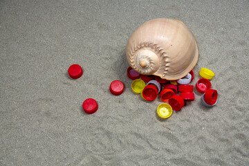 Seashell with plastic bottle plugs