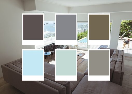 Composition of six colour swatches over modern interiors with sea view in background