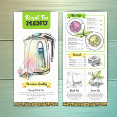 Hand drawing artistic Restaurant Royal Tea menu design. Decorative sketch of teapot. Vintage style