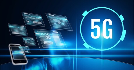 Composition of 5g text over digital screen and smartphone on blue background