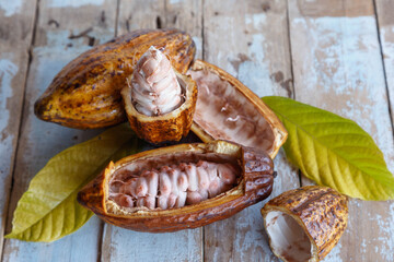 .Fresh cocoa pods and cocoa leaves on wooden background