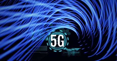 Composition of 5g text over scope scanning and blue light trails in background