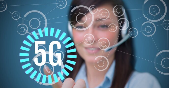 Composition of 5g text over scopes scanning and businesswoman using phone headset