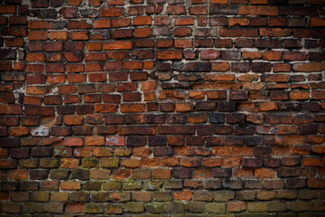 Brick wall red old weathered texture background. Grunge old house aged dark bricks.