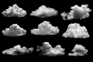 Collections of separate white clouds on a black background have real clouds. White cloud isolated...