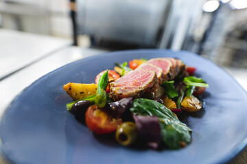 Close up of ready to serve dish prepared by professional chef