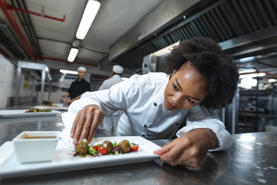 Mixed race professional chef finishing dish before serving with colleague in background