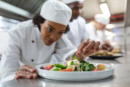 Mixed race professional chef finishing dish before serving with colleague in background