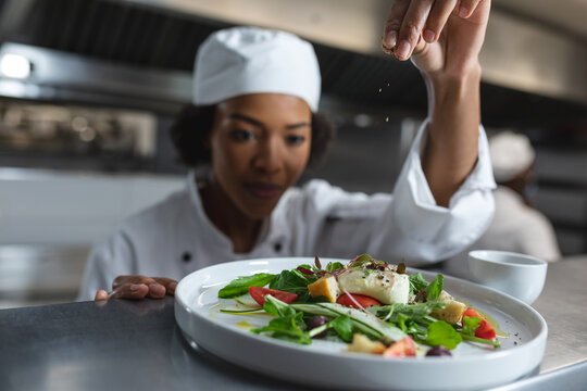 Mixed race female professional chef finishing dish before serving