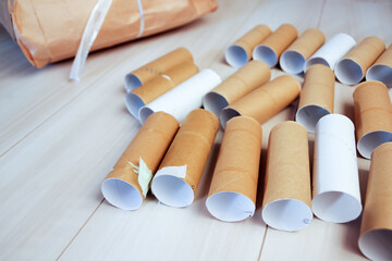 tokyo, japan, 22-09-2020, A big number of finished toilet paper rolls spreaded on the floor.