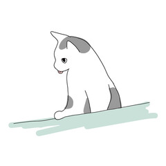 浴槽のフチに手を乗せている、舌を出す白黒の猫