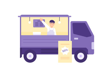 a food truck illustration. street food. traveling food vendor. illustration of a worker or a male waiter waving a hand. selling food by car. flat style. vector design