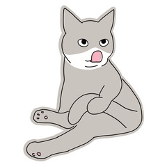 尻尾を持って舌を出している白黒猫の全身イラスト