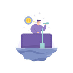 The businessman rides a boat made of purses and uses binoculars to search for treasures. the concept of looking for money, profit, income. visionary. flat style. vector design