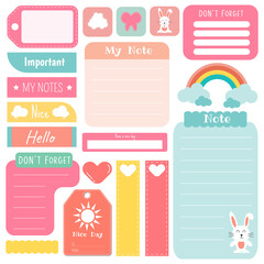 Cute paper notes. Stationary set. Scrapbook notes and cards.Printable planner stickers. Template for your message. Decorative planning element. Vector illustration.