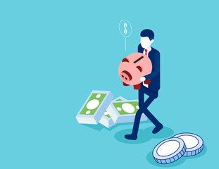 Man holding piggy bank with money. Flat isometric vector style