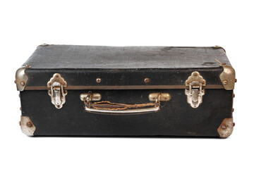 Old closed soviet used suitcase isolated on the white background