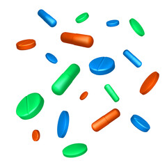Realistic color scattered tablets. Red green and blue drug capsules isolated on white background. Healthcare and medicine object for banner or poster. Vector