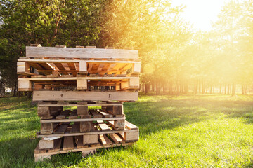 Pile of wooden pallets on forest background