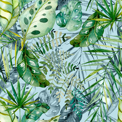 Seamless pattern Watercolor painted tropical leaves and branches. Colored exotic floral collection of palm, monstera, banana leaves.