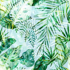 Seamless pattern Watercolor painted tropical leaves and branches. Colored exotic floral collection of palm, monstera, banana leaves.