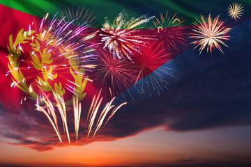 Night sky with fireworks and flag of Eritrea