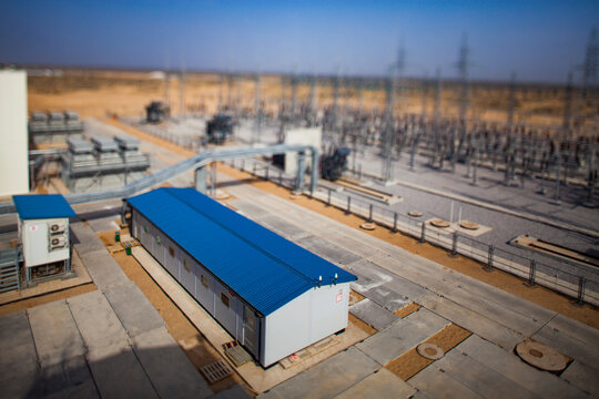 Kzylorda region/Kazakhstan - May 01 2012: Modern gas power plant in desert. Partially blurred picture with tilt-shift effect.